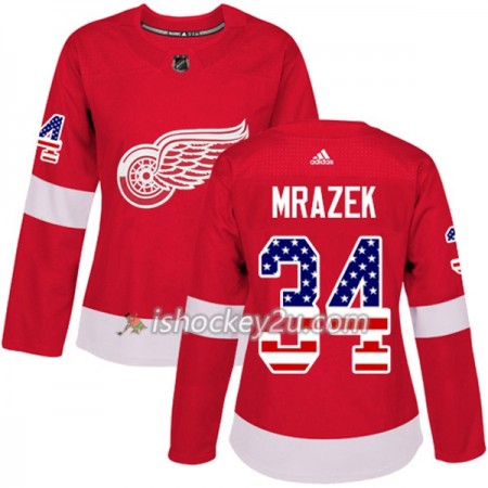 Dame NHL Detroit Red Wings Trøje Petr Mrazek 34 Adidas 2017-2018 Rød USA Flag Fashion Authentic